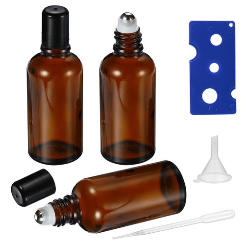 HEYLEAYAR 50ML Roller Bottles for Essential Oil, 3 Pack Empty Amber Glass Roller Bottle for Perfume Oil, Roll on Bottles with Stainless Steel Roller Balls, Opener, Funnel and Dropper