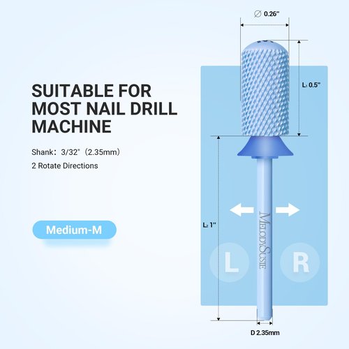 MelodySusie Safety Nail Drill Bits, 3/32'' Smooth Round Top Large Barrel Carbide Bits, Suitable for Manicure Pedicure Cuticle Gel Polishing, Beginners Bits, Light Blue, Series Bit-S, M