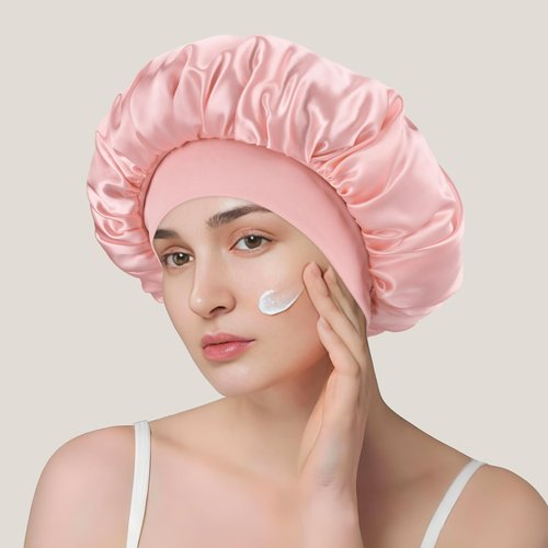 Silk Satin Bonnet for Sleeping Women, Double Layer Silk Satin Sleep Cap with Elastic Band for Natural Curly Hair(1Pcs,Pink)