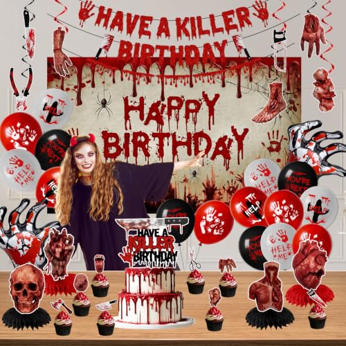 Horror Birthday Party Decorations Kit - Bloody Hand Prints Balloons Banners & More