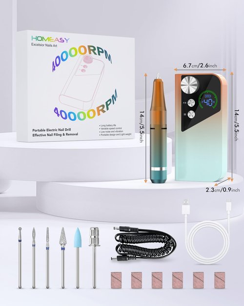 HOMEASY Nail Drill 40000RPM - Rechargeable Nail File with Bits, Professional E-Filer for Acrylic Nails, Gel Polishing, Manicure & Pedicure E File with Large HD LCD Screen - M96 Orange