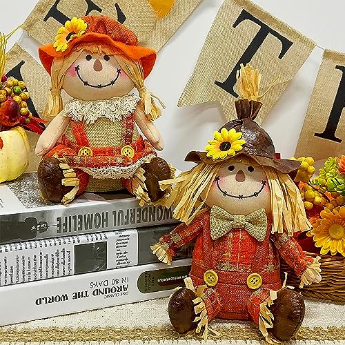 Thanksgiving Fall Tabletop Decorations - 2 Pack Handmade Scarecrows, Harvest Figurines
