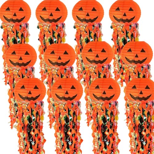 Orange Halloween Pumpkin Hanging Paper Lanterns Set - 12 Pieces Party Decor