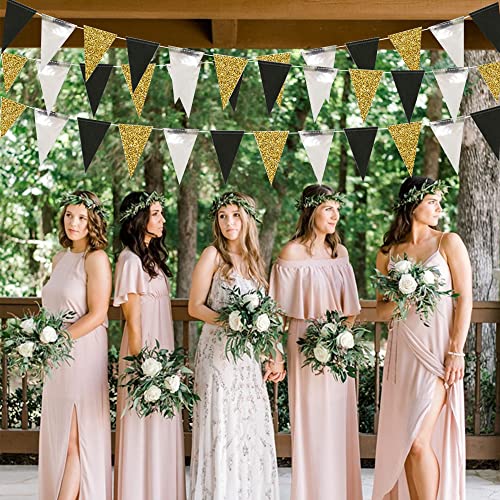 Black Gold Silver Party Banner Set - Glitter Triangle Garland for Celebrations