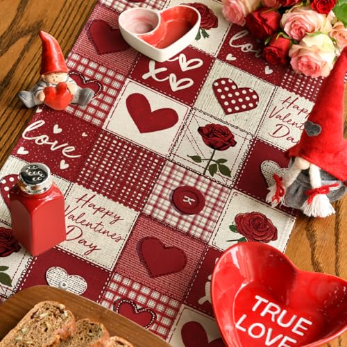 Patchwork Heart Valentine's Table Runner 13x60 Inch Home Decor - Red
