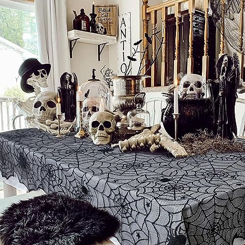 72" x 54" Black Lace Halloween Tablecloth with Spider Web Design - Rectangular