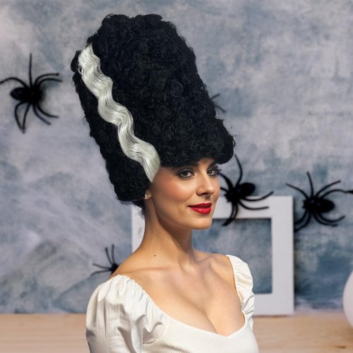 Luvfamday Long Black Curly Wig with White Streaks - Goth Bride Wig - Halloween Cosplay Costume Wig - Women Men