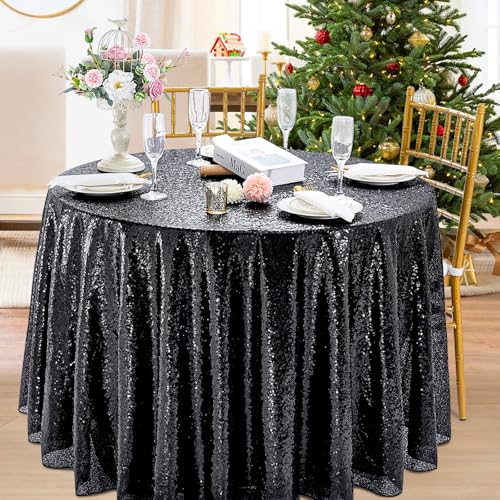Black Sequin Round Tablecloth 90 Inch - Sparkling Party Decor, QueenDream