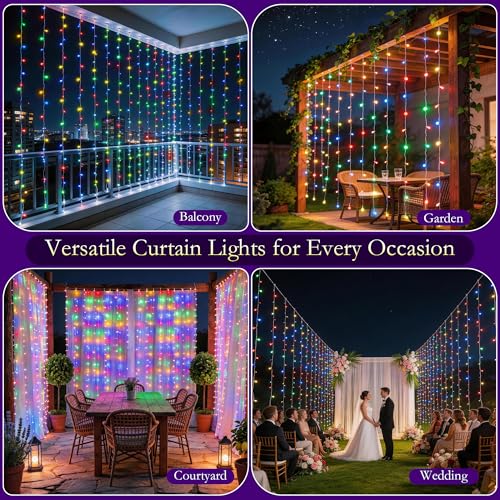 Multicolor LED Curtain String Lights Indoor Waterproof 300LED with Timer & 8 Modes