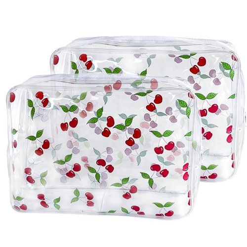 TotePrint 2PCS Red Cherry Transparent PVC Cosmetic Bag, 9.84x7.09x2.36inch Portable Waterproof Storage Bag for Girls' Cosmetics and Toiletries. (Cherry printing L-2pcs)