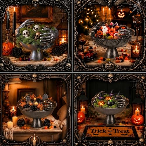 Halloween Skeleton Candy Bowl Resin with Artificial Moss - Gothic Skeleton Hand Design