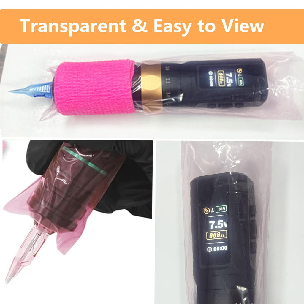 Yuelong Large Tattoo Machine Covers with Grip Tape - 200Pcs Pink Tattoo Pen Bags and 4Pcs Grip Wrap Kit Combination Machine Sleeves Bags Self-Adhesive Grip Covers Tattoo Supplies for Artist