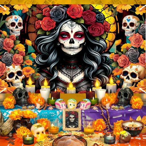 Day of the Dead Banner Decorations Sugar Skull Marigolds Mexican Altars - 71x43 Inch