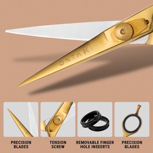 Ontaki Japanese Steel Beard & Hair Trimming Scissors - Precision Convex Blades Hair Cutting Scissors - Adjustable Tension Knob Barber Shears - Rubber Ring Grip & Mustache Comb - Gold Brass, 5.5 in