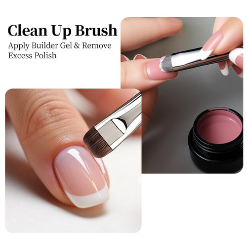 GSWOI Dual Head Acrylic Nail Brush-French Tip & 9mm Liner with Cleaning Brush for Builder Gel,Polygel & Design-Wood Handle & Metal Caps