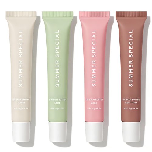 4 PCS Summer Special Lip Butter Balm, Hydrating, Nourishing Lip Care with Shea Butter & Olive Oil, Sheer Tinted Shine, Instant Moisture & Soothing Dry Lips (Vanilla/Mint/Coffee/Cake)