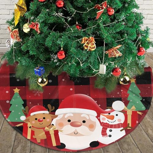 Buffalo Plaid Santa Claus Deer Snowman Christmas Tree Skirt 48 Inch - Holiday Decor