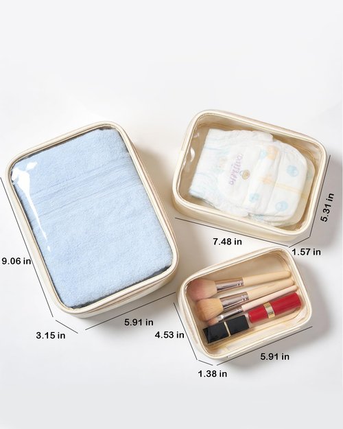 FFpaw Travel Clear Makeup Bag Set for Women, 3 Pack Travel Size Toiletry Bag with Zipper Small Makeup Pouch for Purse Waterproof Portable Cosmetic Case Compact Car Organizer Storage Bag (Beige Set)