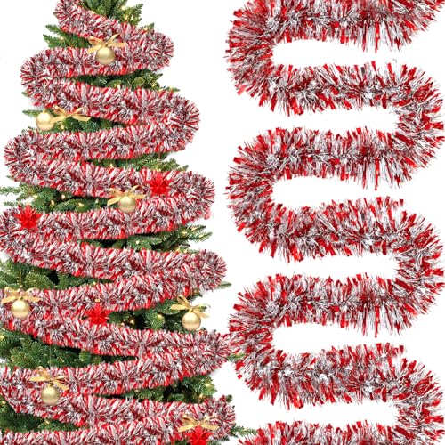 Christmas Tinsel Garland 295 Feet - Red White Silver Holiday Decor - Variation of Christmas / Red White Silver