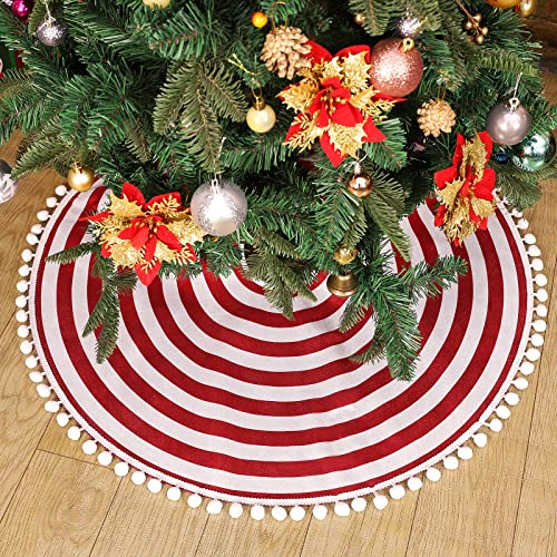 Christmas Tree Skirt 48 Inch Red White Rings with Pom Pom Trim - HOHOTIME Variation