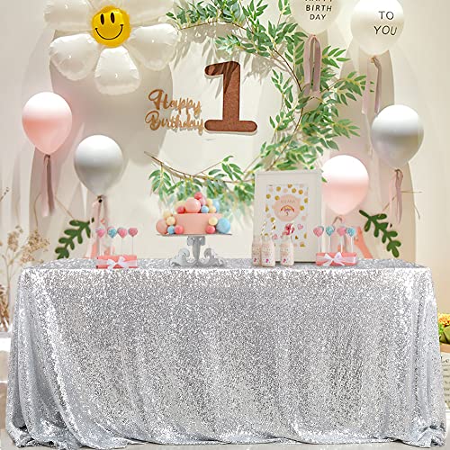 Silver Sequin Rectangular Tablecloth 90x156 Inches Glitter Party Decor - MoKoHouse