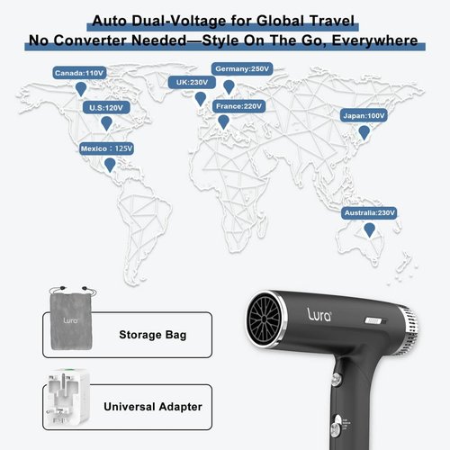 LURA Dual Voltage Travel Hair Dryer - Compact & Lightweight Mini Blow Dryer with Diffuser (Black)