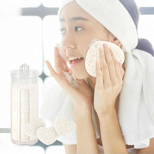 120pcs Facial Sponges, Compressed Facial Sponges with Container Heart Shape Face Sponges Sponge Pads for Face Cleaning Removing Makeup Exfoliating (White)