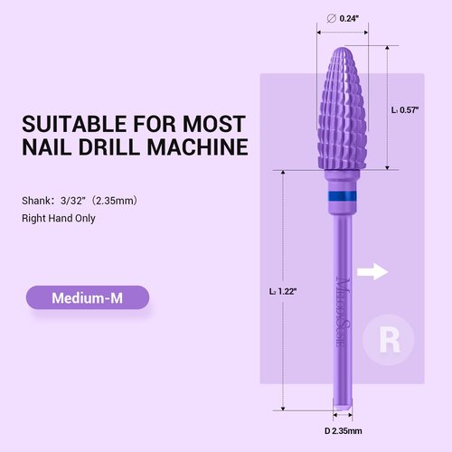 MelodySusie Large Cone Nail Drill Bits, 3/32'' Carbide Tungsten Multi-function Bits, Fast Remove Acrylic or Hard Gel for Manicure Pedicure Salon Professional or Beginner, Purple, Medium