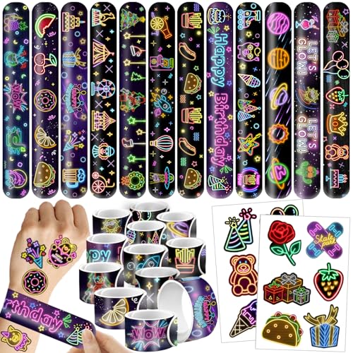 Neon Party Favors Set with Bracelets and Temporary Tattoos for Kids & Adults