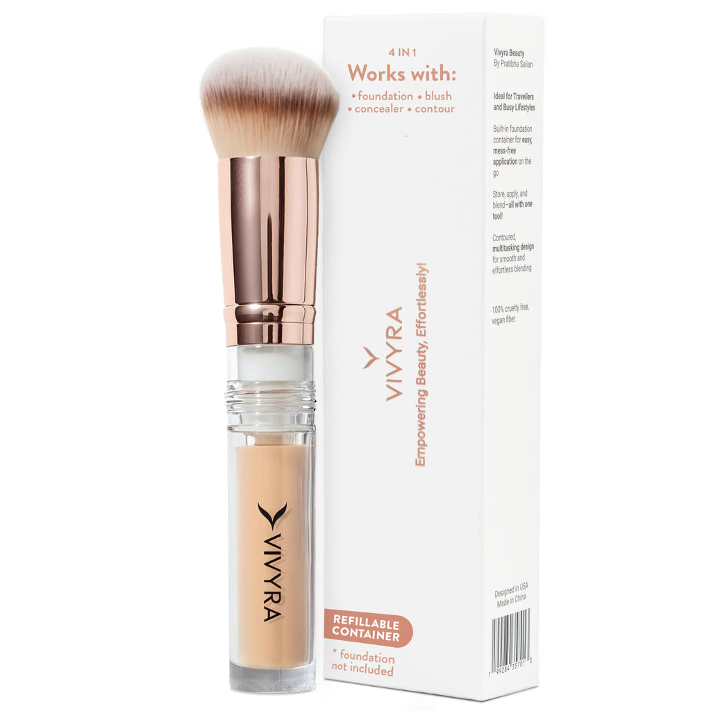 Vivyra Contoured Foundation Brush | Multipurpose Foundation Brush for Liquid & Cream Foundation- with Built-in Container | Contour, Concealer & Blush Makeup brush | Ultimate Travel Makeup Tool