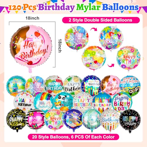Color Birthday Balloons 120pcs - 18IN Round Happy Birthday Mylar Foil Balloons