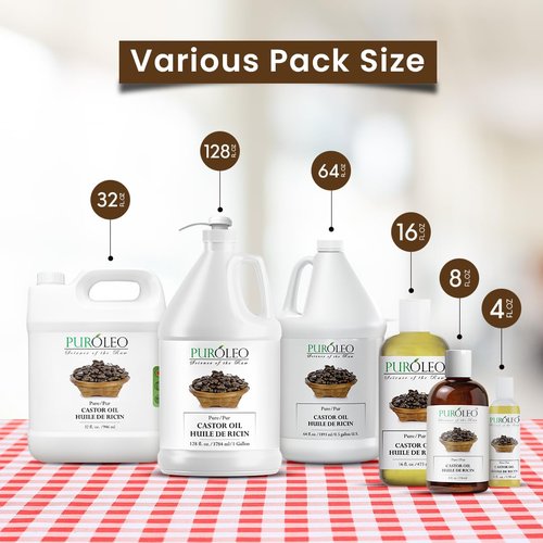 PUROLEO Castor Oil 64 Fl Oz/1900 ML (Packed In Canada) 100% Pure and Natural Hair, Lash, Beard, Eyelashes & Eyebrow Oil Black castor oil for brow lashes, Make eyelash serum, hair serum for dry hair