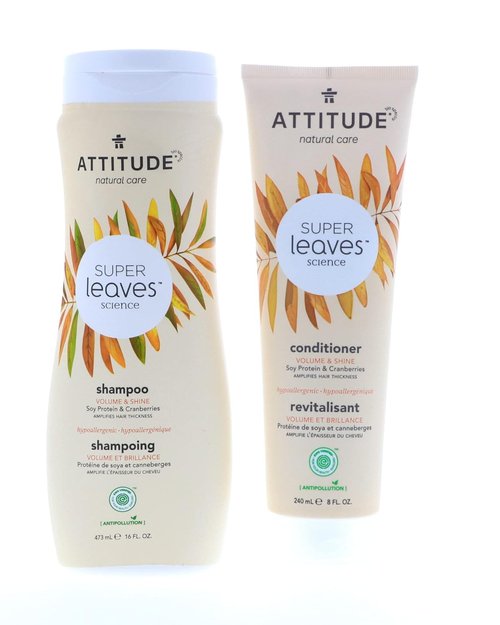 ATTITUDE Super Leaves Volume Shine Shampoo & Conditioner Bundle - Soy Protein, Cranberries, 16 Fl Oz & 8 Fl Oz
