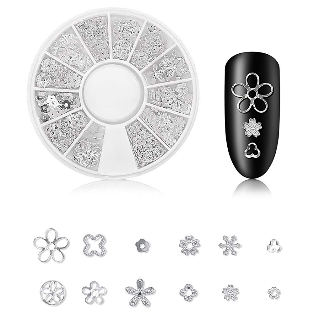 WOKOTO 6 Boxes Silver Hollow Nail Art Studs Set Nail Charm 3D Flower Diamond Manicure Rivet Kit Nail Jewelry Decorations With 1Pc Tweezers And Picker Pencil