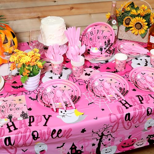Halloween Plastic Tablecloth - Pink Pumpkin Ghost Bat Design, 54x108 Inches - Weird