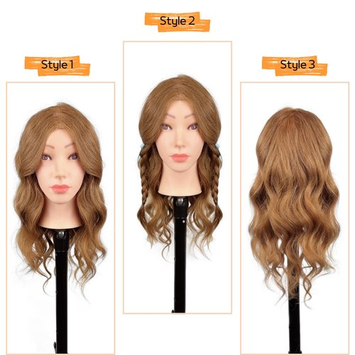 MQHIHI Mannequin Head Human Hair, 100% Real Hair Cosmetology Manikin Head for Practice Braiding Hairstyling Cutting with Free Clamp Holder and Tools (100% Light Brown)