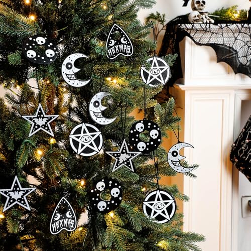 Gothic Christmas Wood Ornaments Set - Witch, Moon, Star Decorations, 25 Pieces
