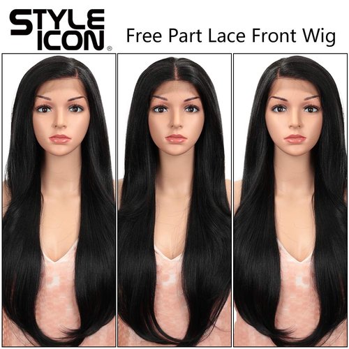 Style Icon Easy-360 Lace Wigs 28" Free Part Lace Frontal Wigs Long Straight Wig Black Synthetic Wig(28", 1B)