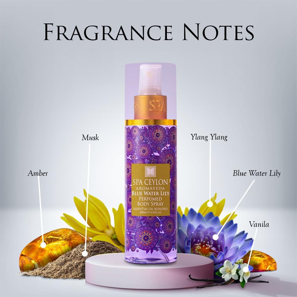 SPA CEYLON Blue Water Lily Body Spray - Ethereal Aquatic Fruity Floral Mist for Women | 200 ml