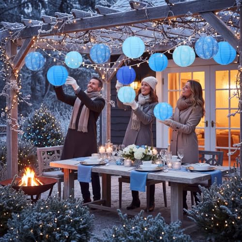 Panelee 12 Pcs Winter Snowflake Paper Lanterns - Blue 8 Inch Hanging Holiday Decor with Variation Blue Snowflake