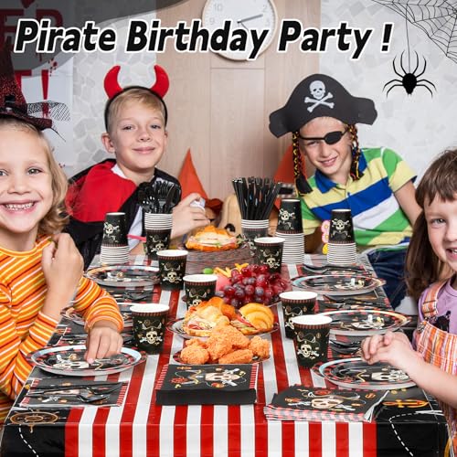 Pirate Party Plates Napkins Cups Cutlery Set for 50 Guests - Red Black Variation