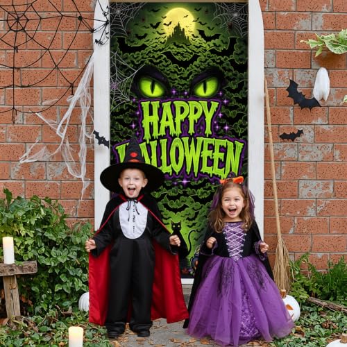 Halloween Door Cover Banner Black Cat Bat Pumpkin with Variation - Green