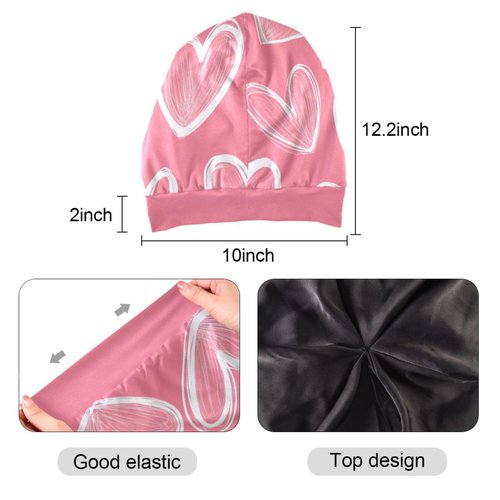 ElliTarr Beanie Hat Satin Bonnet Lined Sleep Cap Hair Wrap Cover Slouchy Beanie for Curly Hair Protection for Gifts for Men Women Pink Hearts Valentine