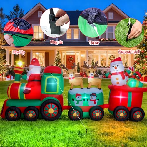 11 FT Christmas Inflatable Train with Santa Reindeer Snowman Outdoor Decorations