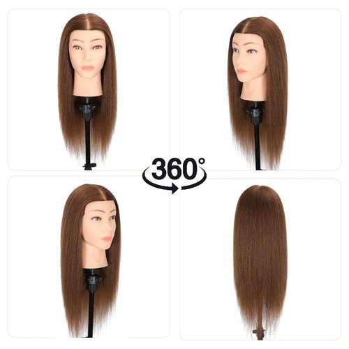 MQHIHI Mannequin Head Human Hair, 100% Real Hair Cosmetology Manikin Head for Practice Braiding Hairstyling Cutting with Free Clamp Holder and Tools (100% Brown)