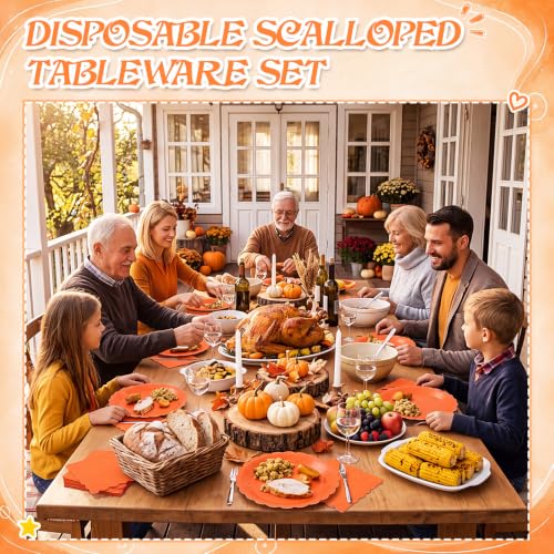 Orange Paper Plates and Napkins Set - Fall Themed 7 Inch Disposable Dinnerware - Variation: Orange