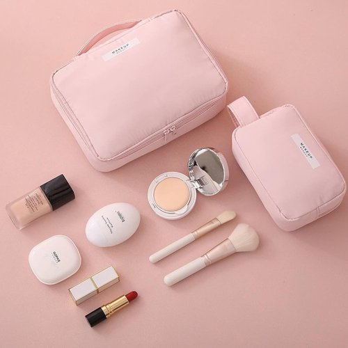 Aucuu 2Pc Makeup Bag, Large Cosmetic Bag, Cosmetic Bag, Portable Makeup Organizer Bag, Travel Makeup Bag for Women Girls(Pink)