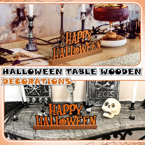 Halloween Metal Table Sign with Wooden Base - 13.78 Inch Halloween Decor - Happy Halloween Sign - Black Letters & Elegant Design - Holiday Centerpiece