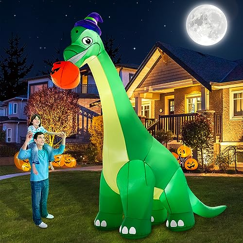 Giant Halloween Inflatable Dinosaur with Pumpkin & Witch Hat - 13Ft Yard Decor with LED Lights
