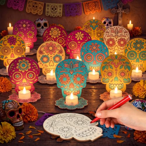 LemonRoad Day of the Dead Skull Candle Holders - DIY Wooden Marigold Ofrenda Decor - Variation of Skull